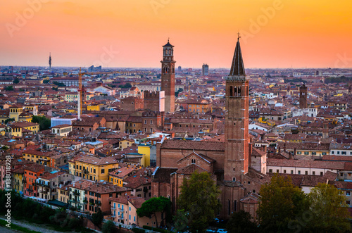 Beautiful sunset aerial view of Verona, Veneto region, Italy.