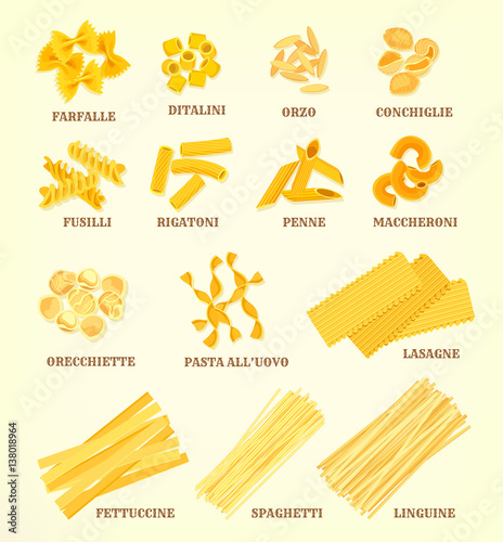 Italian pasta types or sorts vector icons