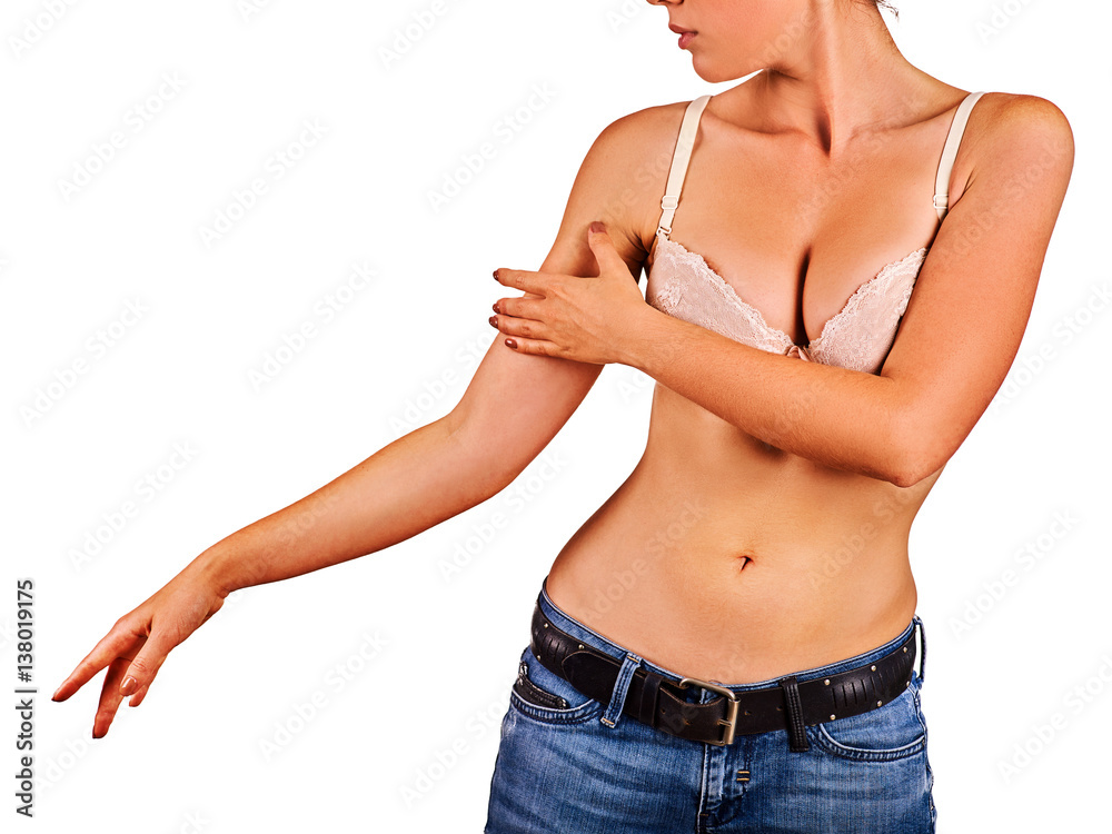 Breast self exam of women. Woman wear bra. Girl with beautiful