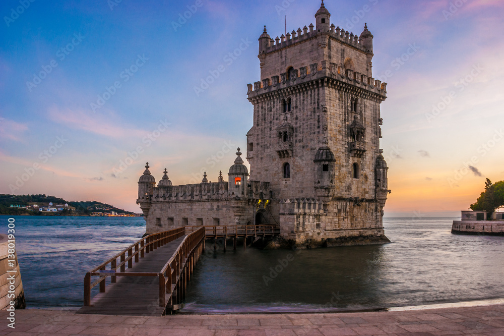 Tower of Belem at sunset on the Tagus River in Lisbon, capital of Portugal