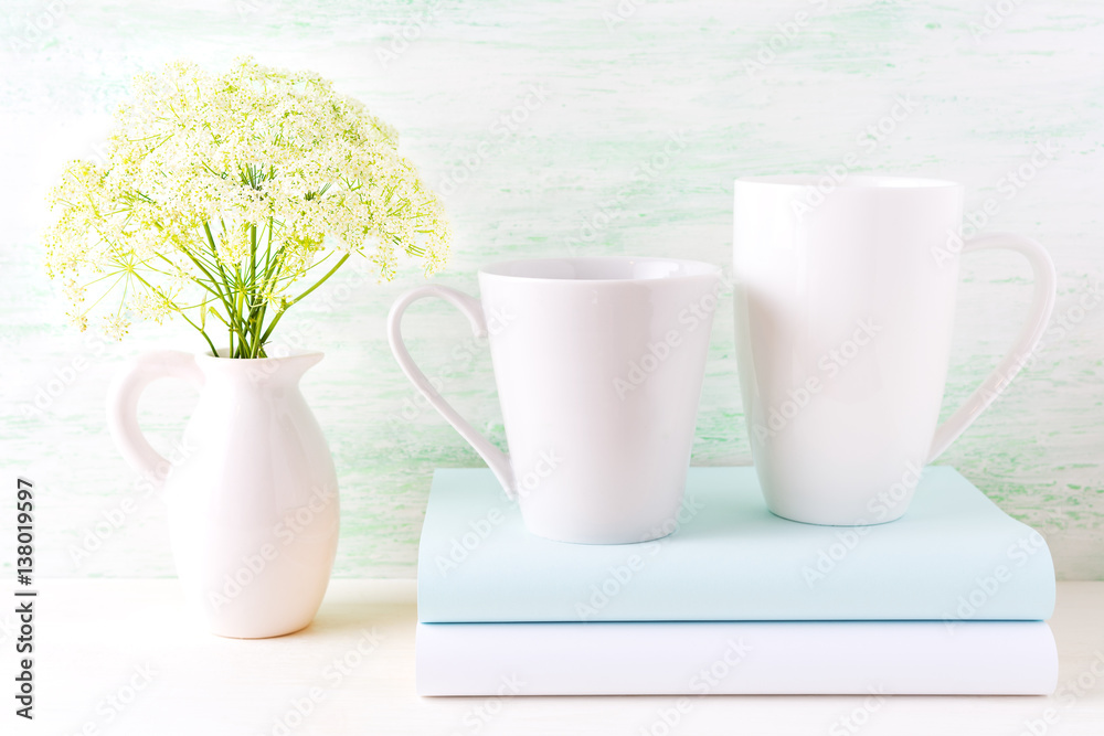 Two coffee cappuccino and latte white mugs mockup Two coffee cappuccino and latte white mugs mockup