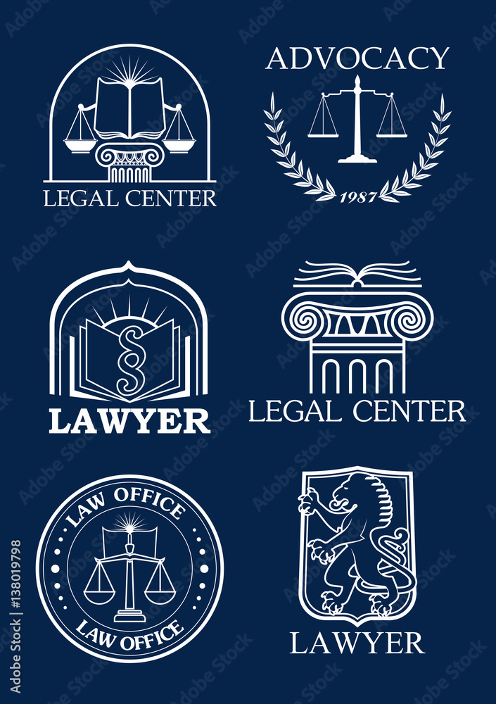 Fototapeta premium Advocacy or lawyer legal vector icons set