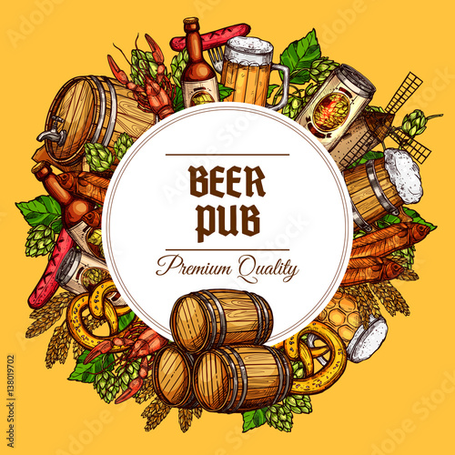 Beer pub barrels, mugs and snacks vector poster
