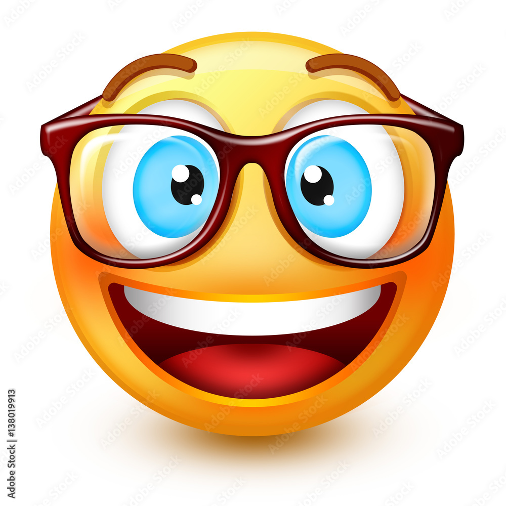 Cute nerd-face emoticon or 3d smiley emoji reading with a pair of  eyeglasses. Stock Illustration | Adobe Stock