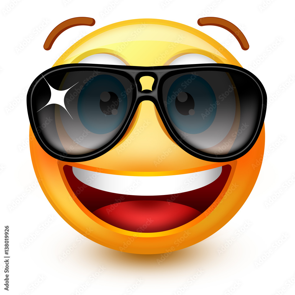 Cute smiley-face emoticon or 3d smiley emoji with dark sunglasses ...