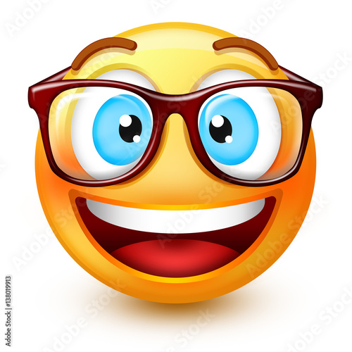 Cute nerd-face emoticon or 3d smiley emoji reading with a pair of eyeglasses.