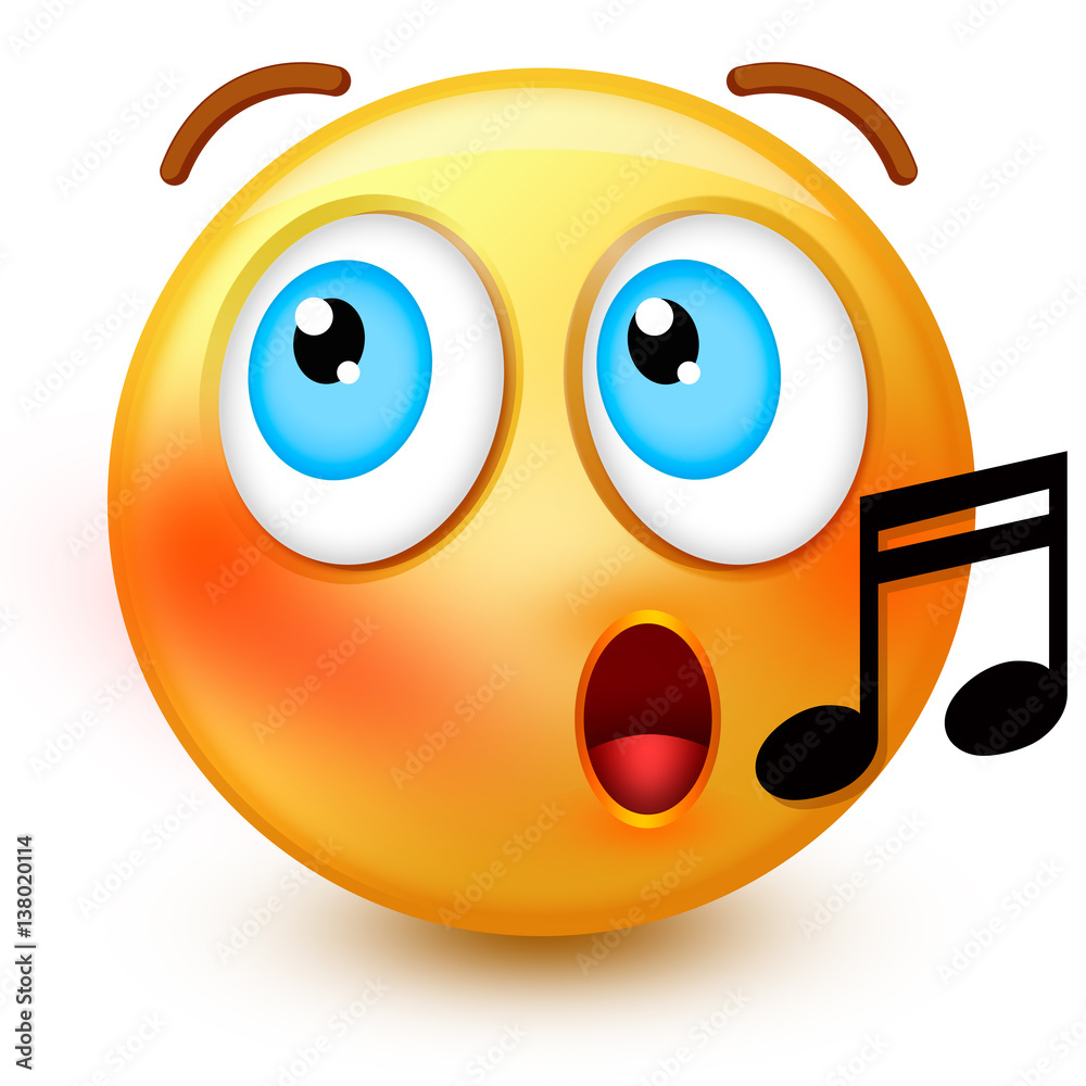 Cute whistling emoticon or 3d smiley emoji showing happiness. Stock