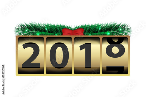 Vector counter with fir branches on the white background. Concept of Happy New Year.