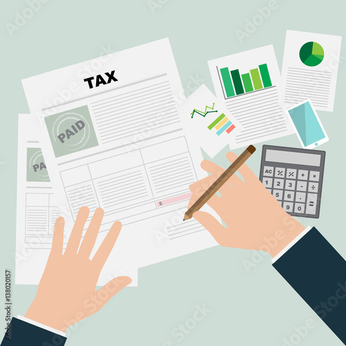 Tax payment. Government, state taxes. Data analysis, paperwork, financial research, report. Businessman calculation tax return. Flat design. Tax form vector. Payment of debt.