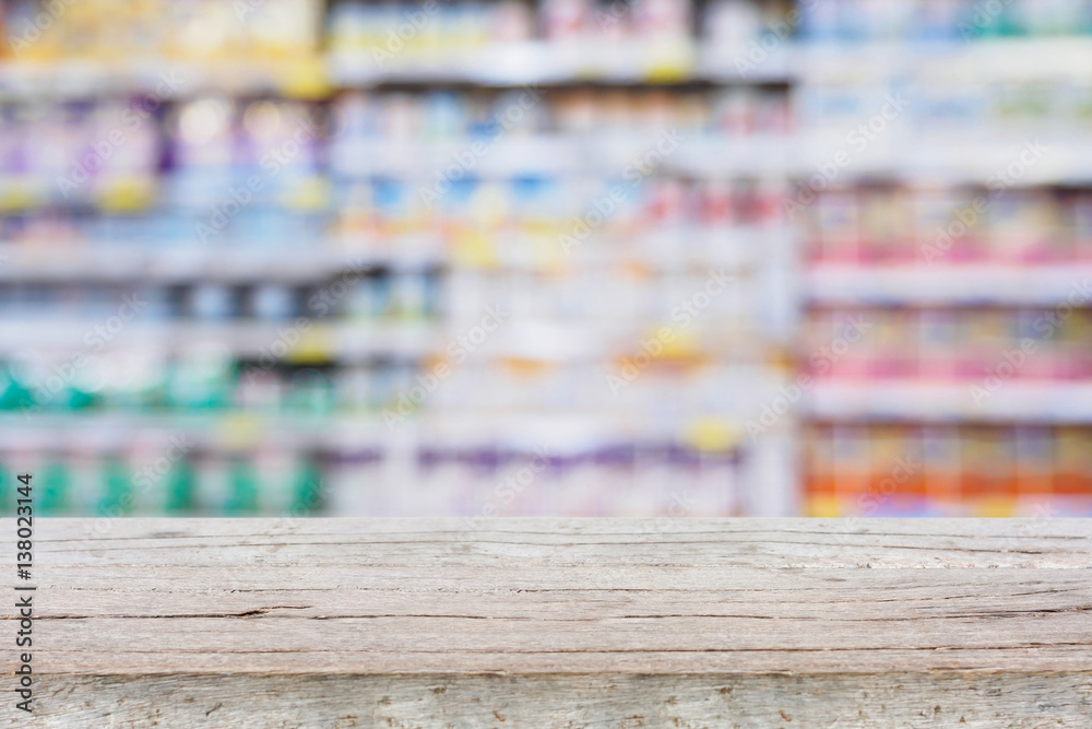 Abstract blur supermarket shelves background with wood table Abstract blur supermarket shelves background with wood table