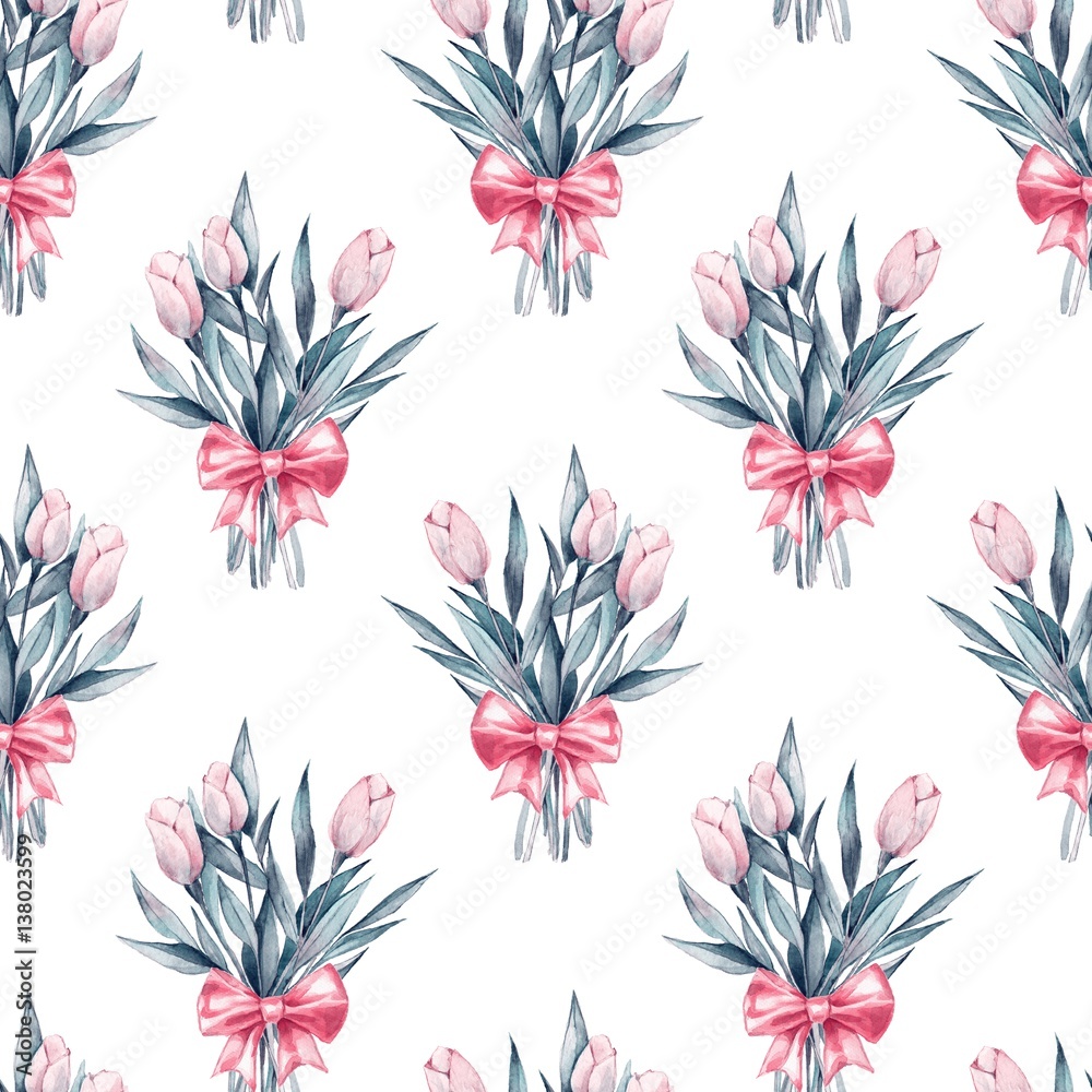 Fototapeta premium Bouquet. Flowers and bow. Seamless floral pattern 1