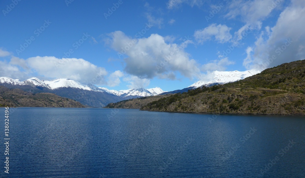 Tranquil lake Bertrand on a beautiful blue sky spring day, Patagonia.