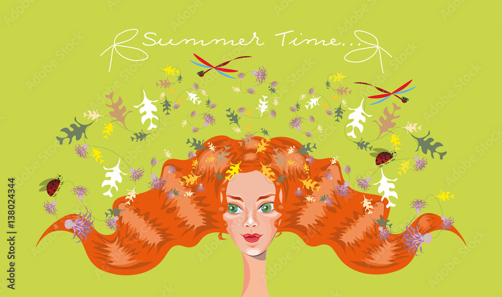 vector illustration with a beautiful girl with long red hair decorated with thistle flowers, ladybugs and dragonflies 