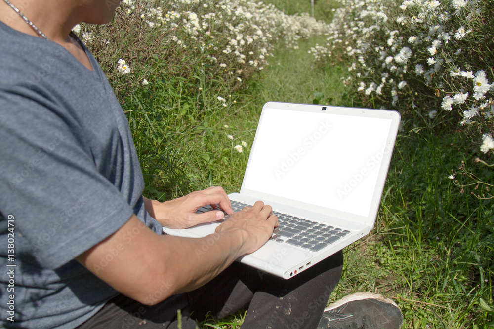 Asia man use laptop in Chrysanthemum field background sky blue. The blank screen with copy space for your text or advertising content.