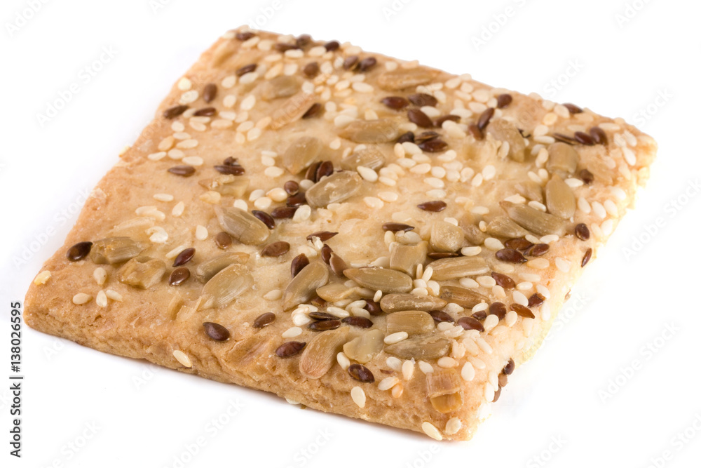 crispy bread with seeds of sunflower, flax and sesame seeds Isolated on white background