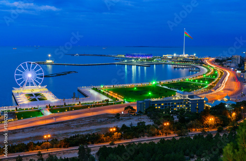 Night view of the city Baku and National Flag Square photo