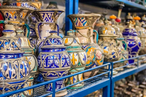 Moroccan ceramics handicrafts on display in a pottery shop