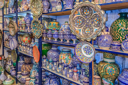 Moroccan ceramics handicrafts on display in a pottery shop