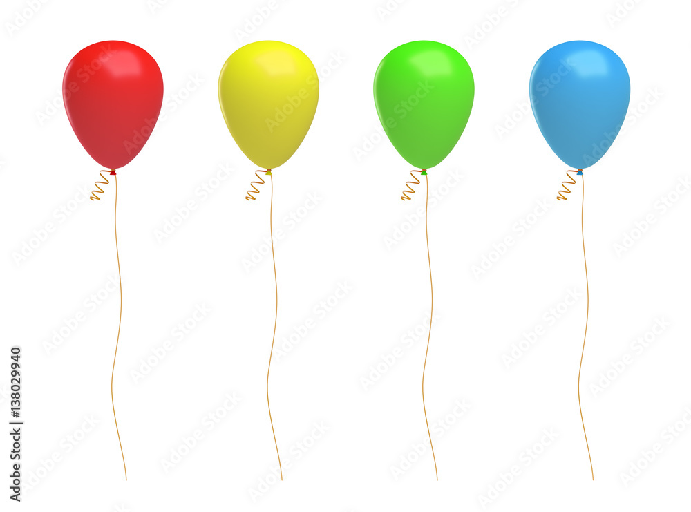 3d rendering of four colorful balloons floating separately on white background.