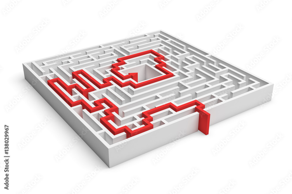 3d rendering of a white square maze with a red arrowed line showing the solution on white background. 3d rendering of a white square maze with a red arrowed line showing the solution on white background.