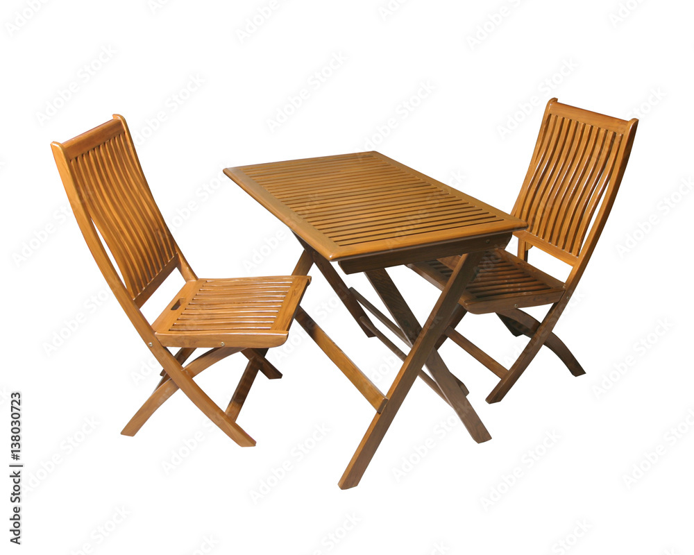 Wooden table with 2 chairs isolated with clipping path.
