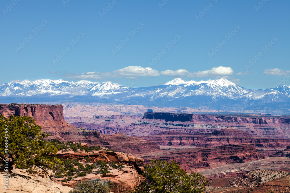 The snow capped Manti La Sal Mountains can be seen from a distance in the Island in the Sky District of the Canyonlands National Park.