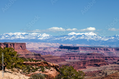 The snow capped Manti La Sal Mountains can be seen from a distance in the Island in the Sky District of the Canyonlands National Park.