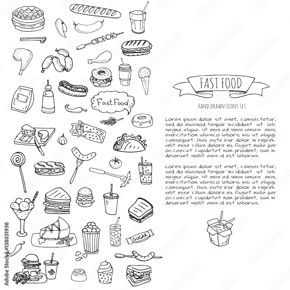 Hand drawn doodle Fast food icons set. Vector illustration. Junk food ...