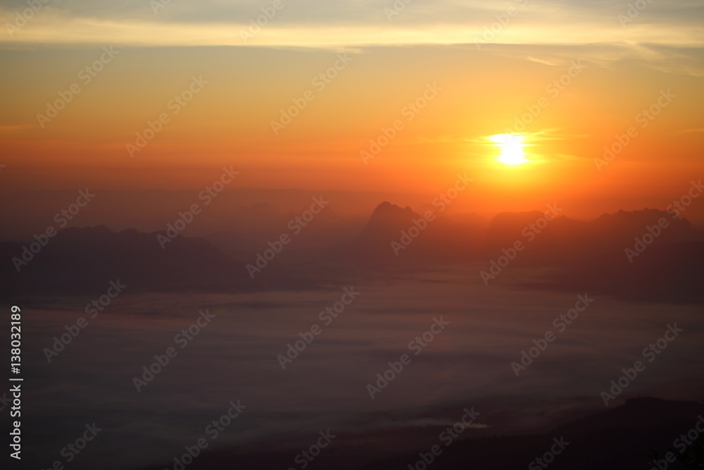 Sunrise and mist at Phu Kradung National Park, Thailand