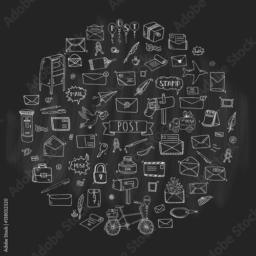 Wallpaper Mural Hand drawn doodle Postal elements icon set. Vector illustration. Isolated post symbols collection. Cartoon various mail element: letter, envelope, stamp, post box, package, delivery truck, pigeon. Torontodigital.ca