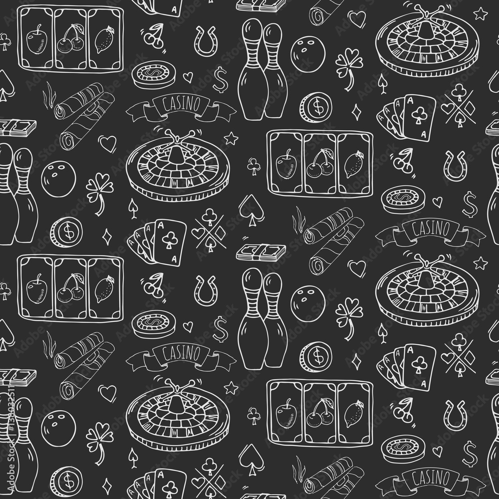 Seamless background hand drawn doodle set of Casino icons. Vector illustration set. Cartoon Gambling symbols. Sketchy game elements collection: bet, jackpot, cards, chips, coins, roulette, poker, slot