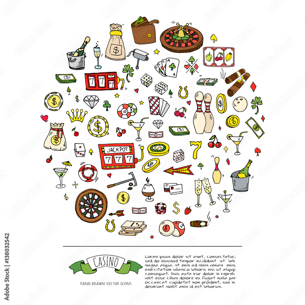 Hand drawn doodle set of Casino icons. Vector illustration set. Cartoon Gambling symbols. Sketchy game elements collection: bet, jackpot, cards, chips, coins, darts, roulette, poker, money, slot. Hand drawn doodle set of Casino icons. Vector illustration set. Cartoon Gambling symbols. Sketchy game elements collection: bet, jackpot, cards, chips, coins, darts, roulette, poker, money, slot.