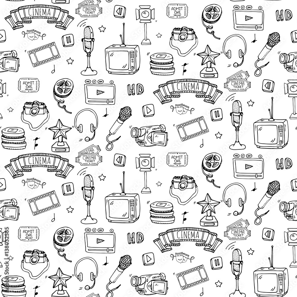 Seamless pattern hand drawn doodle Cinema set. Vector illustration. Movie making icons. Film symbols collection. Cinematography freehand elements: camera, film tape, photo camera, pizza, popcorn Seamless pattern hand drawn doodle Cinema set. Vector illustration. Movie making icons. Film symbols collection. Cinematography freehand elements: camera, film tape, photo camera, pizza, popcorn