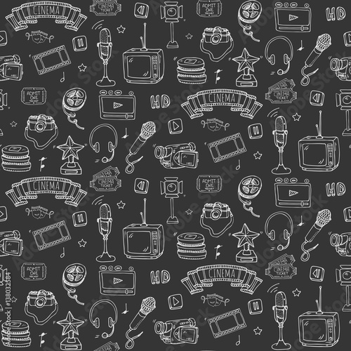 Seamless pattern hand drawn doodle Cinema set. Vector illustration. Movie making icons. Film symbols collection. Cinematography freehand elements: camera, film tape, photo camera, pizza, popcorn