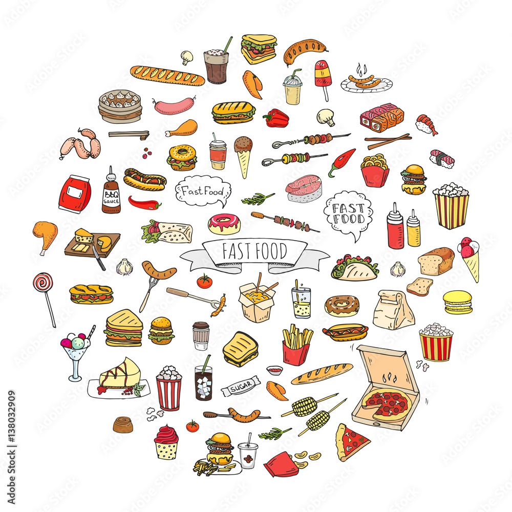 Vetor de Hand drawn doodle Fast food icons set. Vector illustration ...