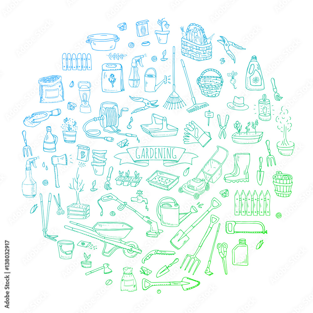 Hand drawn doodle set of Gardening icons. Vector illustration set. Cartoon Garden symbols. Sketchy elements collection: lawnmower, trimmer, spade, fork, rake, hoe, trug, wheelbarrow, hose reel. Hand drawn doodle set of Gardening icons. Vector illustration set. Cartoon Garden symbols. Sketchy elements collection: lawnmower, trimmer, spade, fork, rake, hoe, trug, wheelbarrow, hose reel.