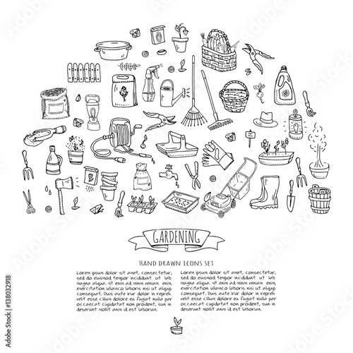 Hand drawn doodle set of Gardening icons. Vector illustration set. Cartoon Garden symbols. Sketchy elements collection: lawnmower, trimmer, spade, fork, rake, hoe, trug, wheelbarrow, hose reel.