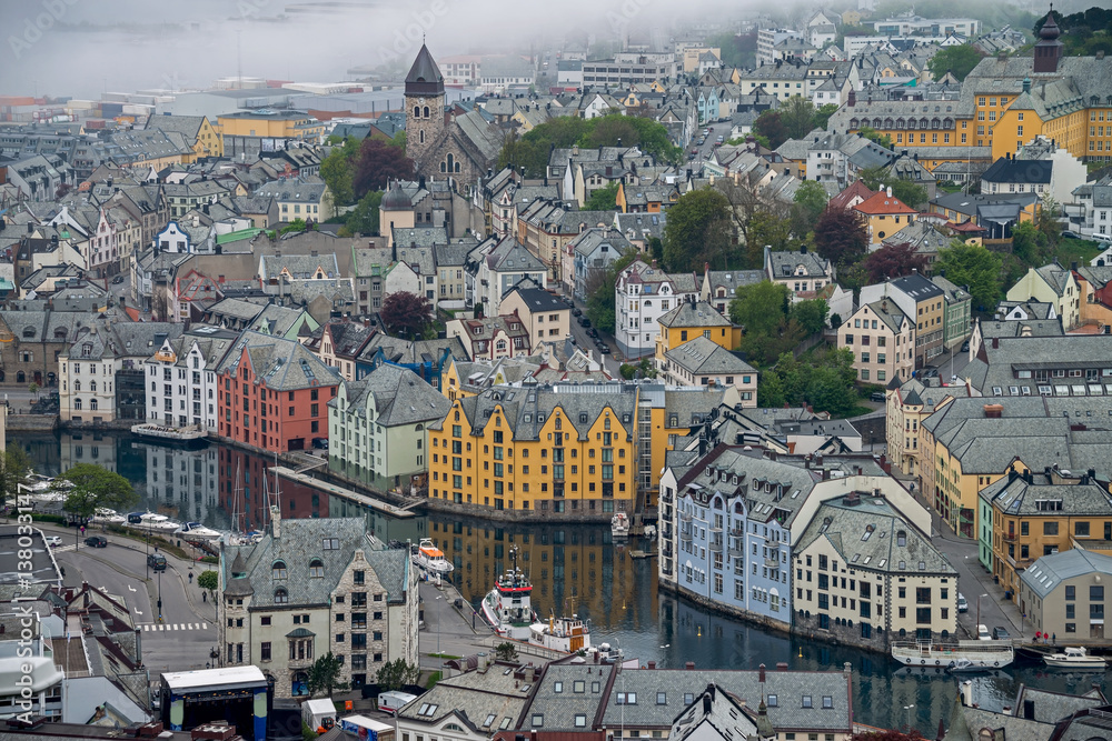 Alesund town with fog in the morning, Norway.