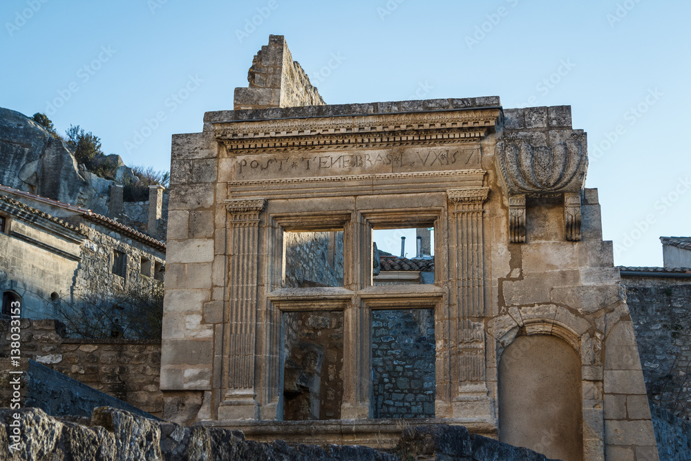 Ruins on street of picturesque village Les Baux-de-Provence, France