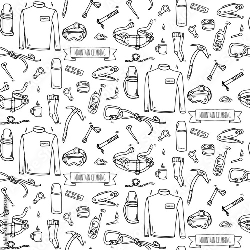 Seamless pattern Hand drawn doodle Mountain Climbing icons set. Vector illustration. Mountaineering equipment collection. Cartoon sketch elements for trekking, hiking, tourism, expedition, camping