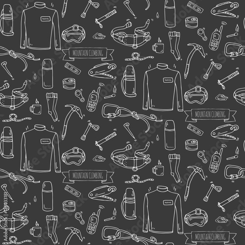 Seamless pattern Hand drawn doodle Mountain Climbing icons set. Vector illustration. Mountaineering equipment collection. Cartoon sketch elements for trekking, hiking, tourism, expedition, camping
