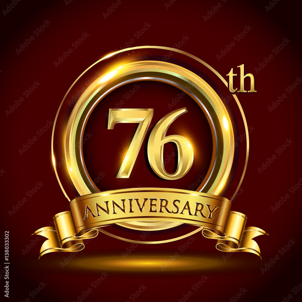 76th golden anniversary logo with gold ring and golden ribbon, vector design for invitation card and greeting card for birthday party celebration 76th golden anniversary logo with gold ring and golden ribbon, vector design for invitation card and greeting card for birthday party celebration