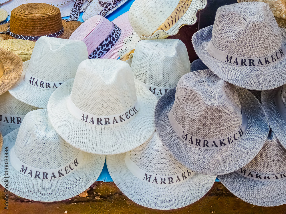 Hats in a souk in Marrakech Morocco