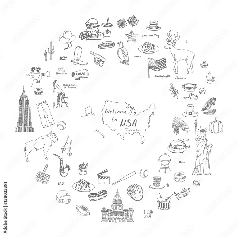 Hand drawn doodle USA set Vector illustration Sketchy american icons United States of America elements Flag Statue of Liberty Eagle Fast food Corn Skyscraper Deer Bison Cowboy hat boot Native American