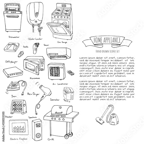 Hand drawn doodle Home appliance vector illustration Cartoon icons set Various household equipment and facilities Major and small appliances Consumer electronics Kitchenware Freehand vector sketches
