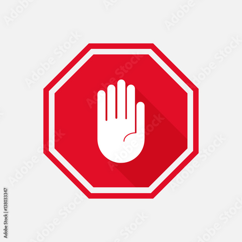 hand stop sign with long shadow. Vector illustration