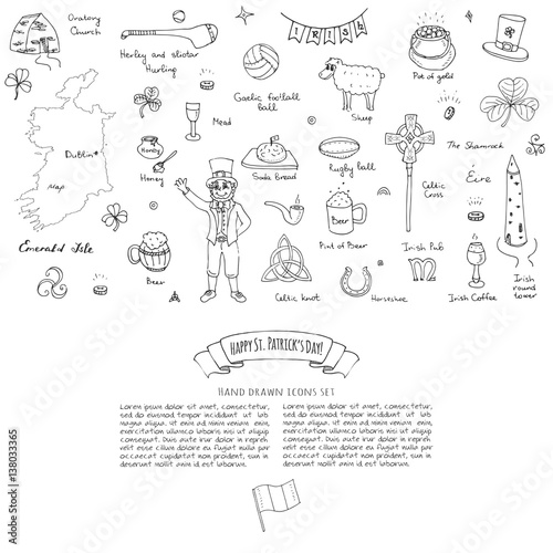 Hand drawn doodle Happy St. Patrick's Day set. Ireland icons. Vector illustration Sketchy Irish traditional food icons elements Flag Map Celtic Cross Knot Castle Leprechaun Shamrock Harp Pot of gold