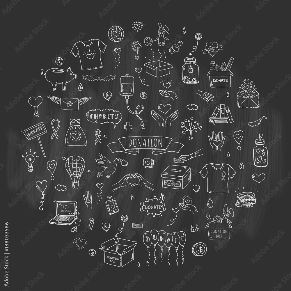 Hand drawn doodle Donation icons set. Vector illustration. Charity symbols collection Cartoon donate sketch elements: blood donation, box, heart, money jar, care, help, gift, giving hand, fund raising