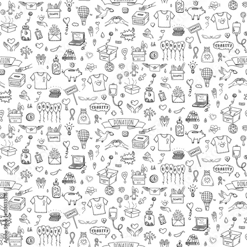 Seamless pattern Hand drawn doodle Donation icons set. Vector illustration. Charity symbols collection Cartoon donate sketch elements: blood donation, box, heart, money jar, care, help, gift, hands