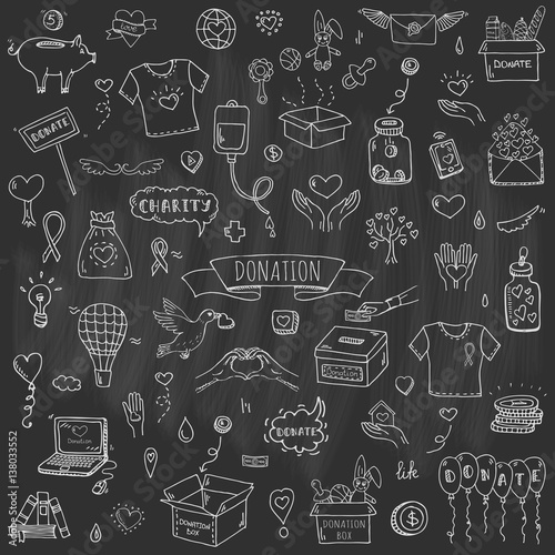 Hand drawn doodle Donation icons set. Vector illustration. Charity symbols collection Cartoon donate sketch elements  blood donation  box  heart  money jar  care  help  gift  giving hand  fund raising